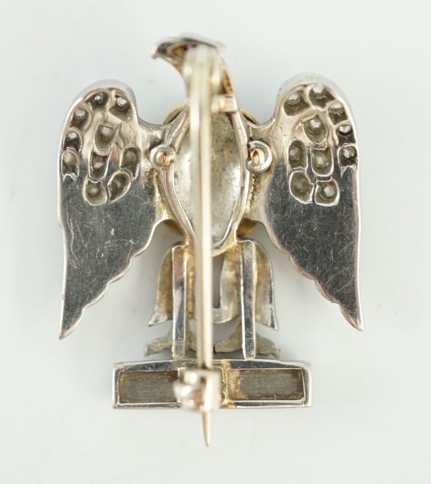 An Edwardian white gold rose cut diamond and enamel set Waterloo commemorative sweethearts brooch, modelled as an eagle